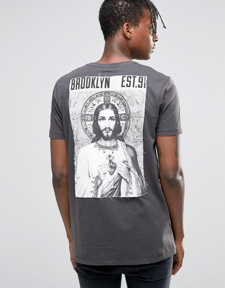 Asos Longline T-shirt With Religious Printed Patches And Heavy Wash - Washed Black