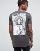 Asos Longline T-shirt With Religious Printed Patches And Heavy Wash - Washed Black
