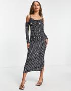 Femme Luxe Long Sleeve Strappy Back Midi Dress In Black And White Spot Print-multi