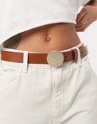 Asos Design Leather Waist And Hip Jeans Belt With Disc Buckle In Beige-neutral