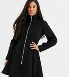 Asos Design Petite Swing Coat With Zip Front Detail In Black - Black