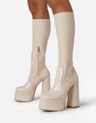Ego X Jess Hunt Platform Knee Boots In Cream Patent-white
