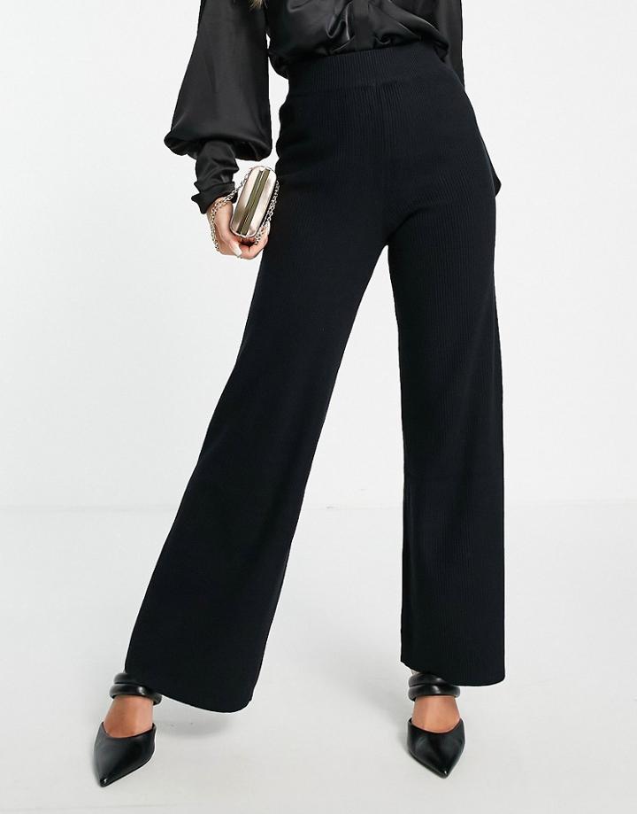 Pretty Lavish Ribbed Knit Wide Leg Pant In Black - Part Of A Set