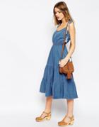Asos Denim Layla Tiered Midi Dress With Tassle Straps - Midwash Blue