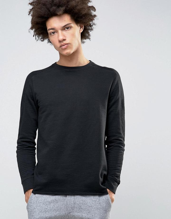 Selected Homme Crew Neck Sweatshirt With Ribbed Arm Detail - Black