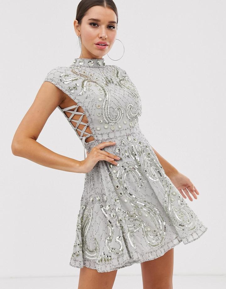 Asos Design Cut Out Side Lace Up Embellished Mini Skater Dress - Gray