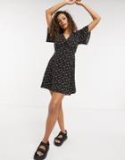 Asos Design Button Up Tie Back Mini Tea Dress With Angel Sleeve In Cherry Print-multi