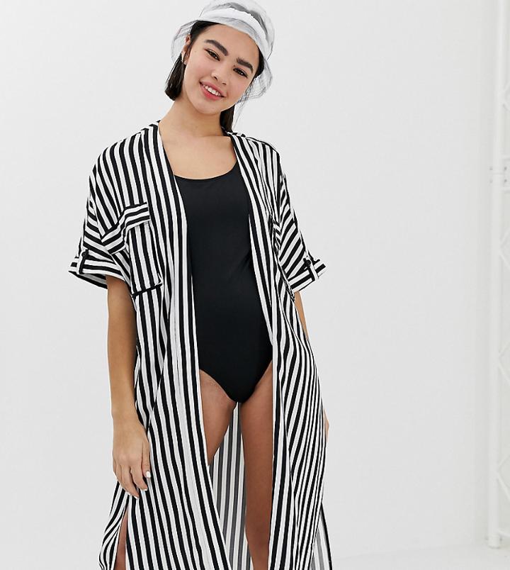 Monki Caftan With Stripe Print In Black And White - Multi