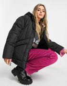 Topshop Mid Length Puffer Jacket With Fleece Lined Hood In Black