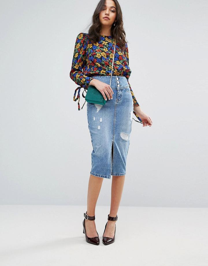 Lost Ink High Waisted Denim Skirt With Shredding - Blue
