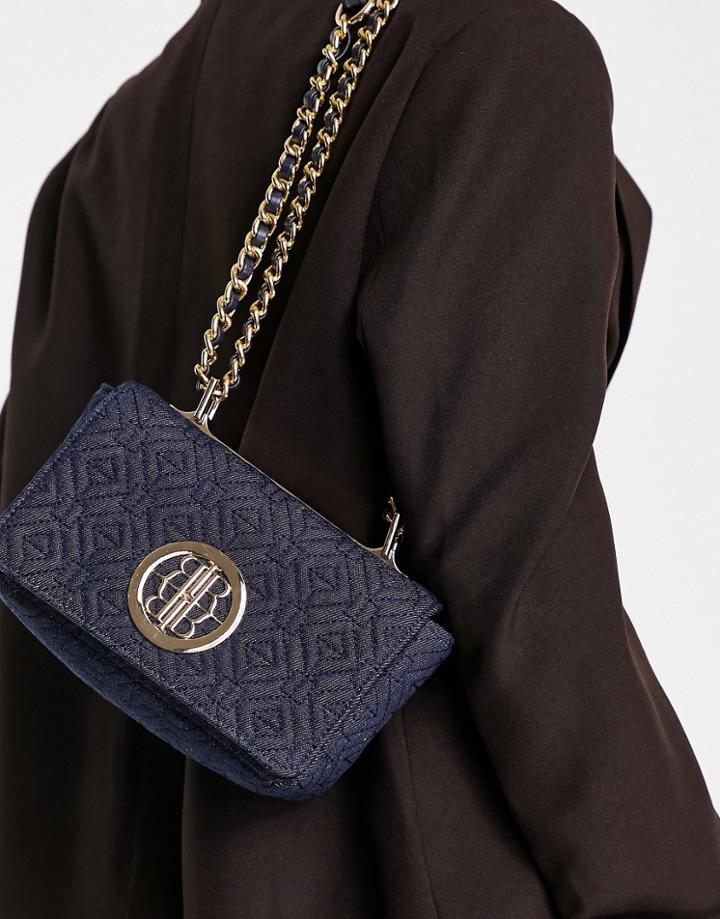 River Island Quilted Denim Chain Shoulder Bag In Dark Blue
