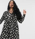 Rokoko Plus Long Sleeved Smock Dress In Daisy Print-black