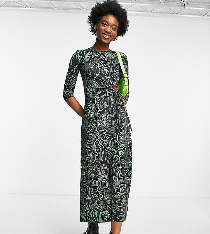 Stradivarius Long Sleeve Midi Dress With Cut Out Detail In Green Swirl Print