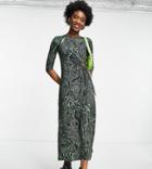 Stradivarius Long Sleeve Midi Dress With Cut Out Detail In Green Swirl Print