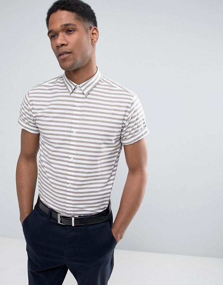 Jack & Jones Premium Slim Short Sleeve Shirt In Stripe - Stone