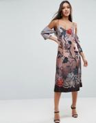 Asos Cold Shoulder Column Dress In Winter Floral Print - Multi