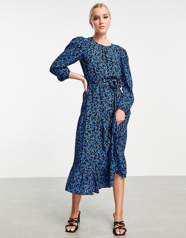 Miss Selfridge Belted Midi Dress In Blue Ditsy-blues