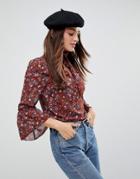 Parisian Pussy Bow Floral Blouse - Red