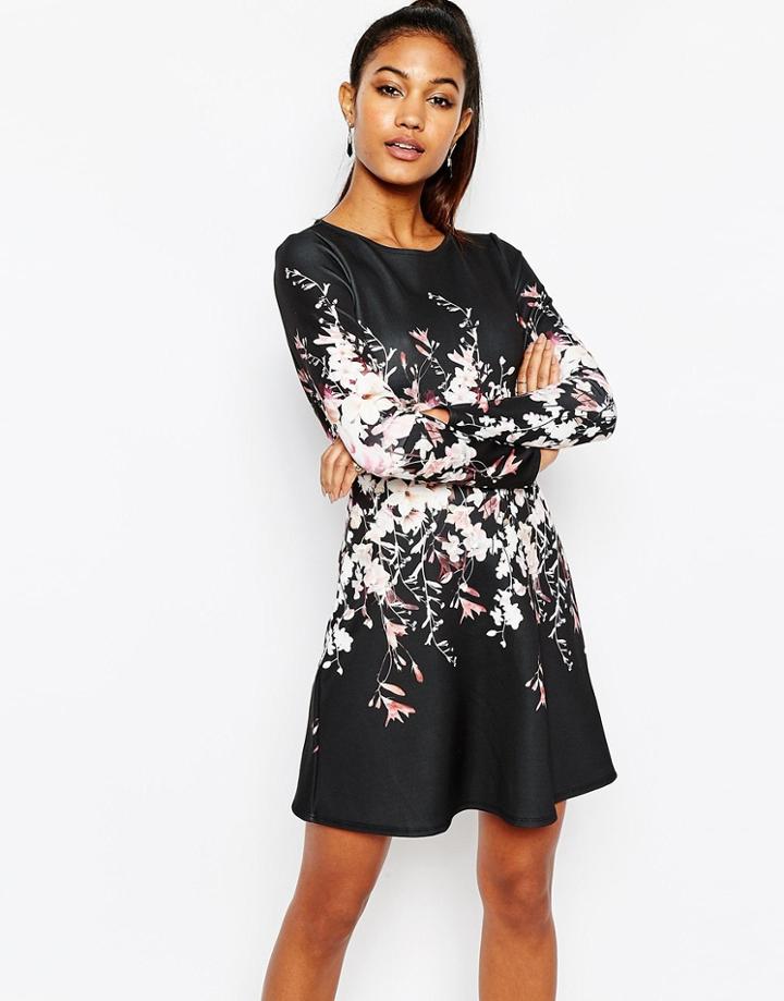 Lipsy Long Sleeve Swing Dress In Floral Placement - Multi