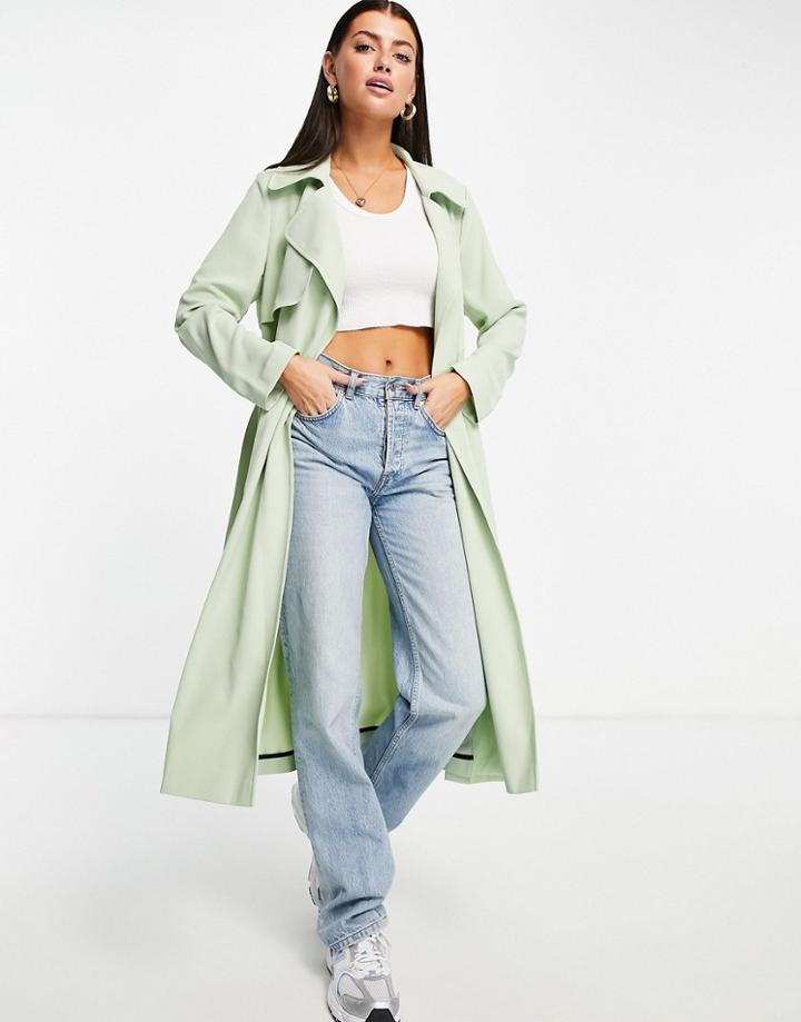 River Island Belted Trench Coat In Sage Green