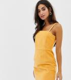 Asos Design Petite Cord Dress With Skinny Straps In Mustard-tan