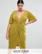 Asos Curve Slinky Kimono Knot Front Dress - Yellow