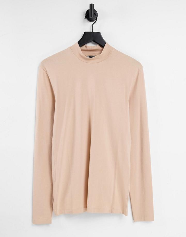 Asos Design Long Sleeve Muscle T-shirt With Turtle Neck In Beige-neutral