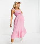 New Look Maternity Shirred Strap Double Tiered Midi Dress In Pink