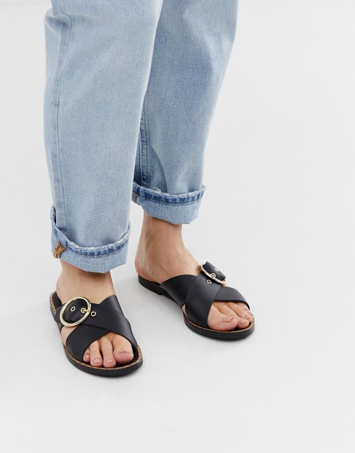 Depp Leather Buckle Open Toe Mules In Black