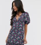 Fashion Union Petite Tea Dres With Puff Sleeves And Frill Hem In Vintage Floral-multi