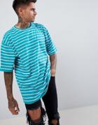 Boohooman Oversized T-shirt In Teal Stripe - Navy