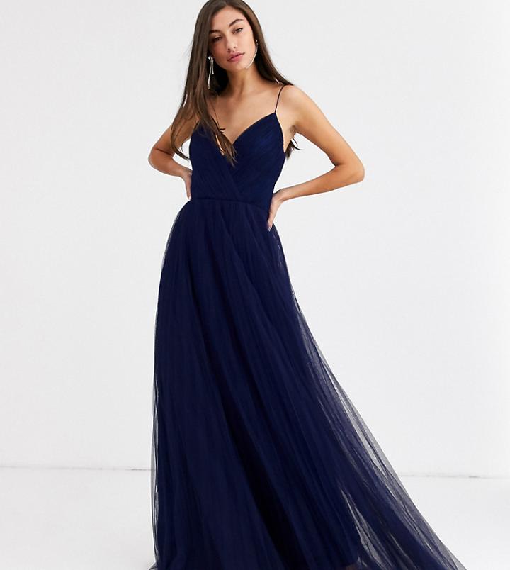Asos Design Tall Cami Pleated Tulle Maxi Dress-navy