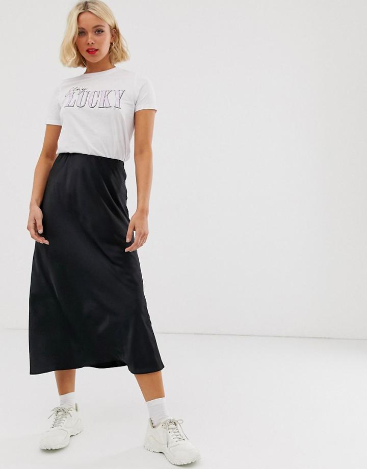 New Look Satin Midi Skirt In Black - Black
