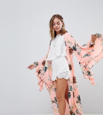 Sisters Of The Tribe Petite Kimono With Frill Sleeve In Floral Print Co-ord - Pink