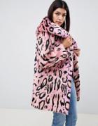Asos Design Faux Fur Coat In Bright Animal - Multi