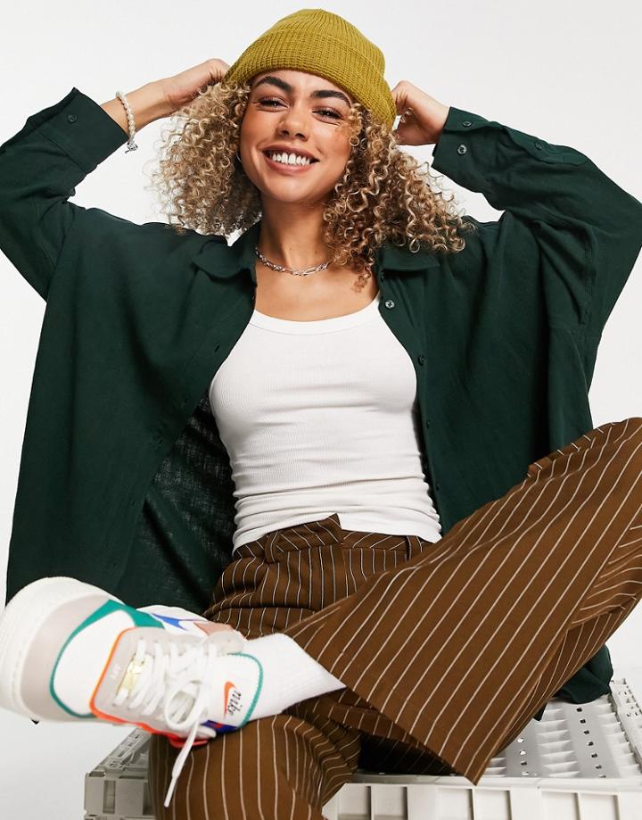 Weekday Jan Recycled Linen Oversized Shirt In Dark Green