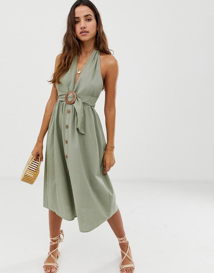 Asos Design Halter Neck Midi Button Through Linen Sundress With Buckle-green