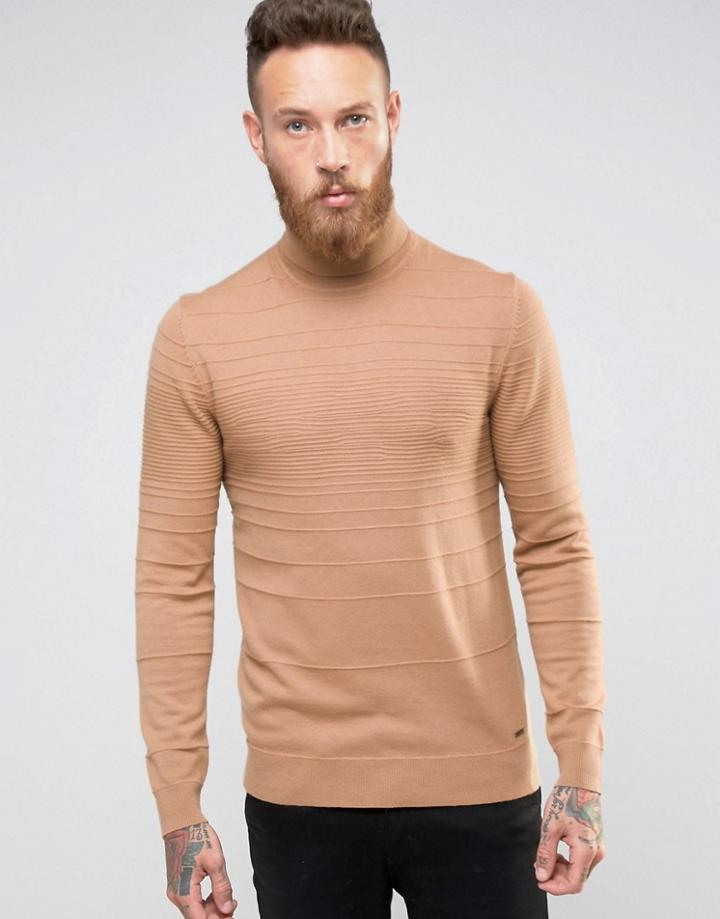 Hugo By Hugo Boss Roll Neck Sweater Texture Stripe - Beige