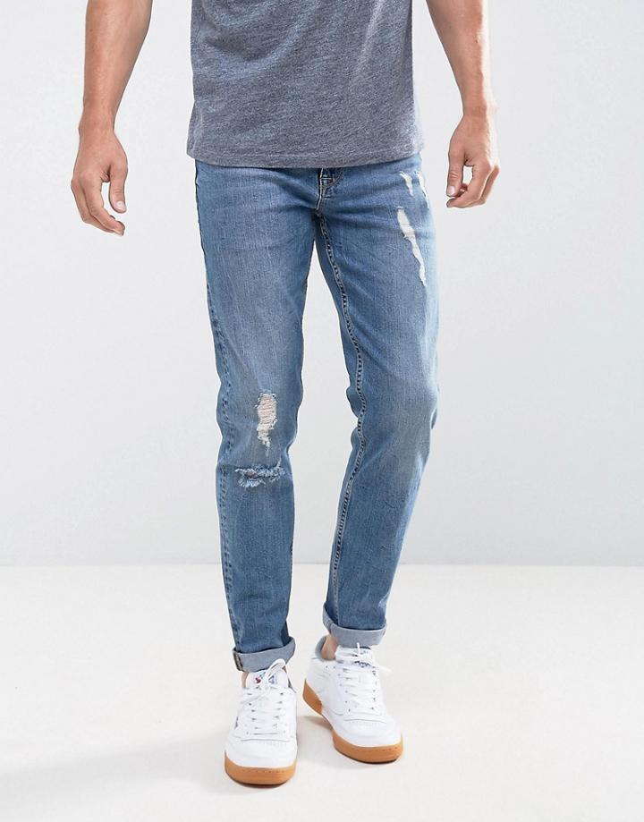 Asos Slim Jeans In 12.5oz Mid Wash Blue With Rips - Blue