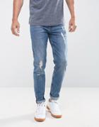 Asos Slim Jeans In 12.5oz Mid Wash Blue With Rips - Blue