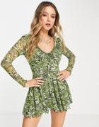 Asos Design Ruched Neck Mesh Romper In Green Marble Animal-multi