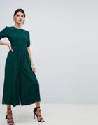 Asos Design Tea Jumpsuit With Ruched Sleeve Detail - Green