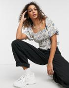 Brave Soul Marie Shirred Puff Sleeve Crop Top In Floral Print-multi