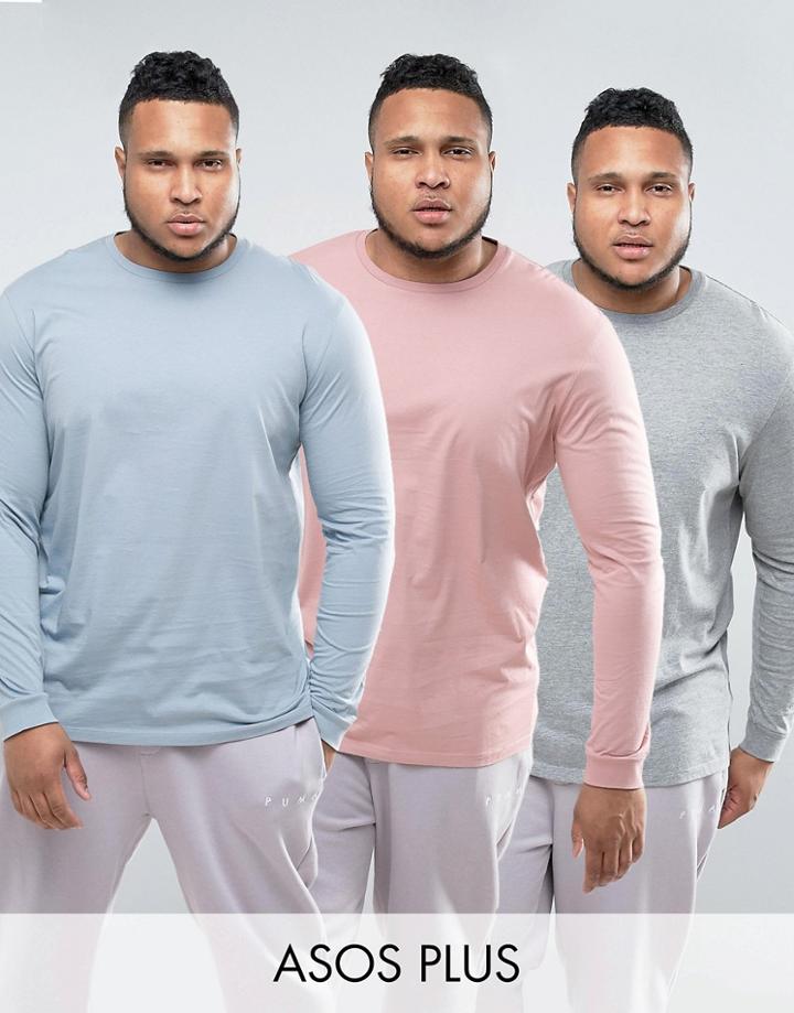 Asos Plus 3 Pack Longline Long Sleeve T-shirt In Blue/gray/pink Save - Multi