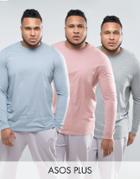 Asos Plus 3 Pack Longline Long Sleeve T-shirt In Blue/gray/pink Save - Multi