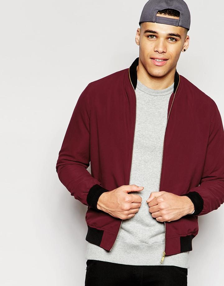 Asos Bomber Jacket With Zip Collar Detailing In Burgundy - Burgundy