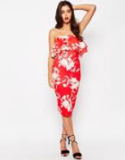 Asos Double Ruffle Red Floral Midi Scuba Dress - Red