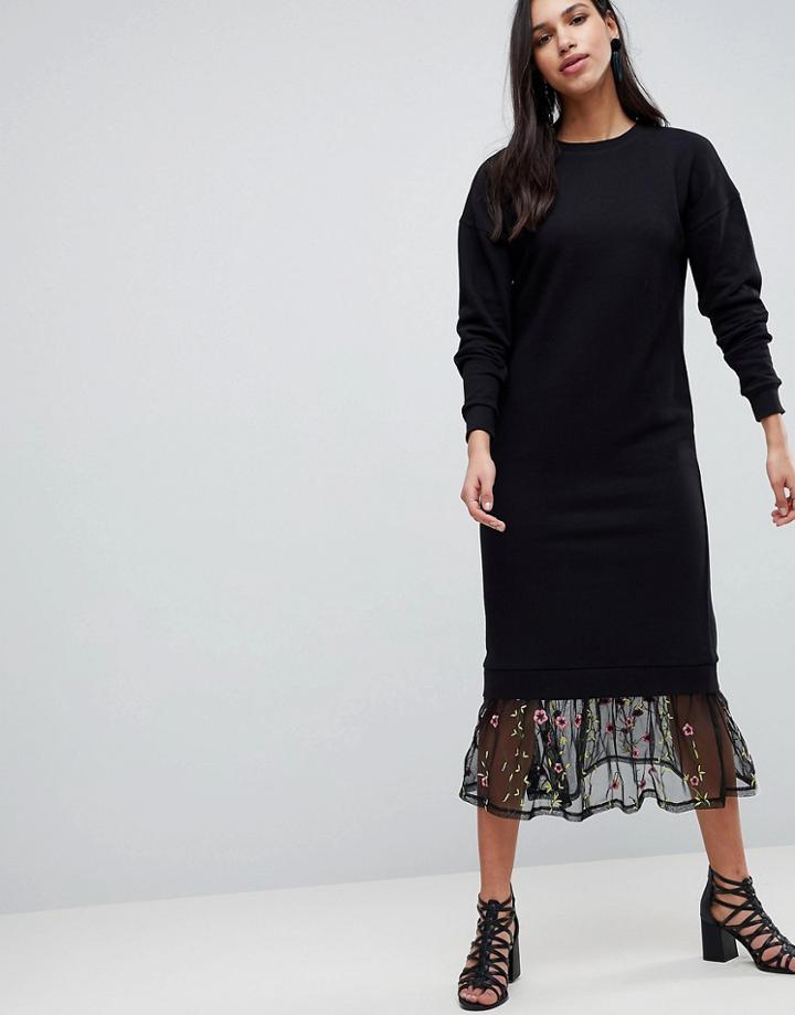 Asos Design Maxi Sweat Dress With Embroidered Mesh Hem - Black