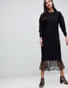 Asos Design Maxi Sweat Dress With Embroidered Mesh Hem - Black