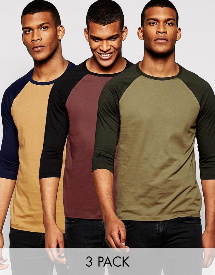 Asos 3/4 Sleeve T-shirt With Contrast Raglan 3 Pack - Multi